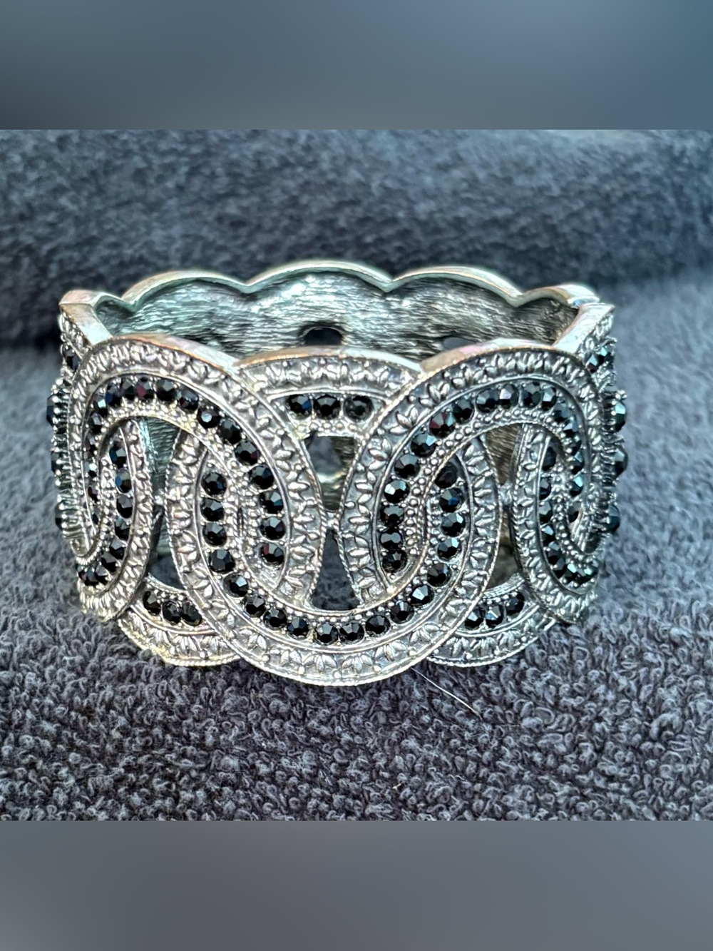 Vintage-style Openwork Filigree Hinged Cuff Bracelet w/ sparkling black stones